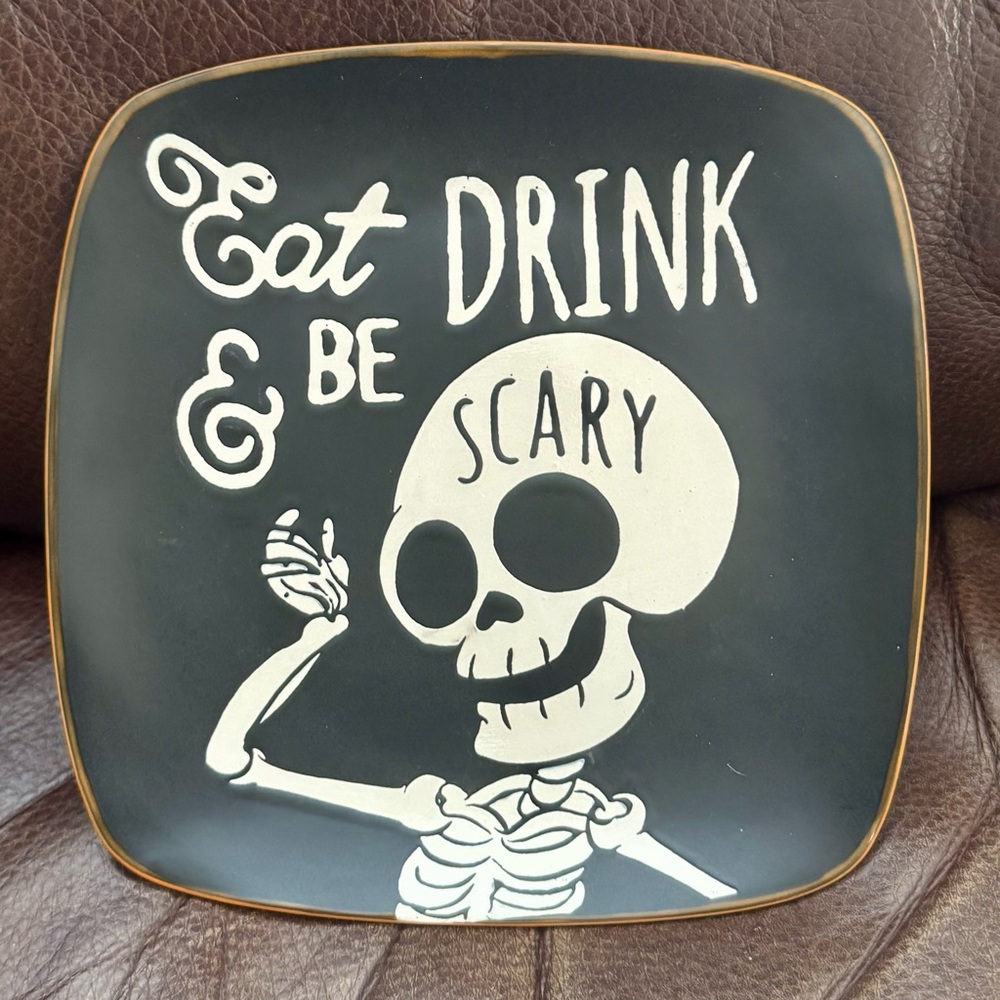 Eat Drink & Be Scary Skeleton - 8.75” Square Halloween Plate